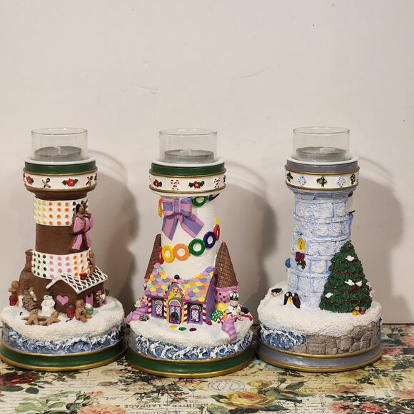 Danbury Mint Lighthouses of Christmas Candlesticks Set  3 Cheryl Spencer Collin - Picture 1 of 11